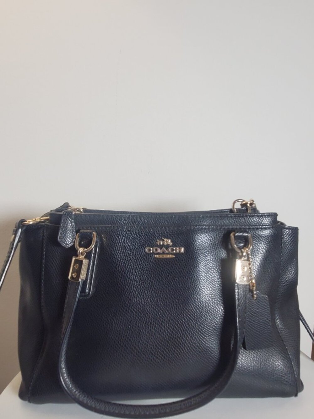 24.Coach Black Pebbled Medium Zip Top Satchel Top Handle Bag Gold Charm Strap